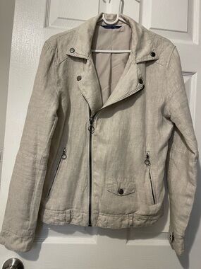 Zara Light Beige Linen-Blend Moto Jacket